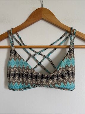 Frankie’s Bikinis Strappy Back Aztec Gray Teal Scoop Neck Bikini Top Size XS